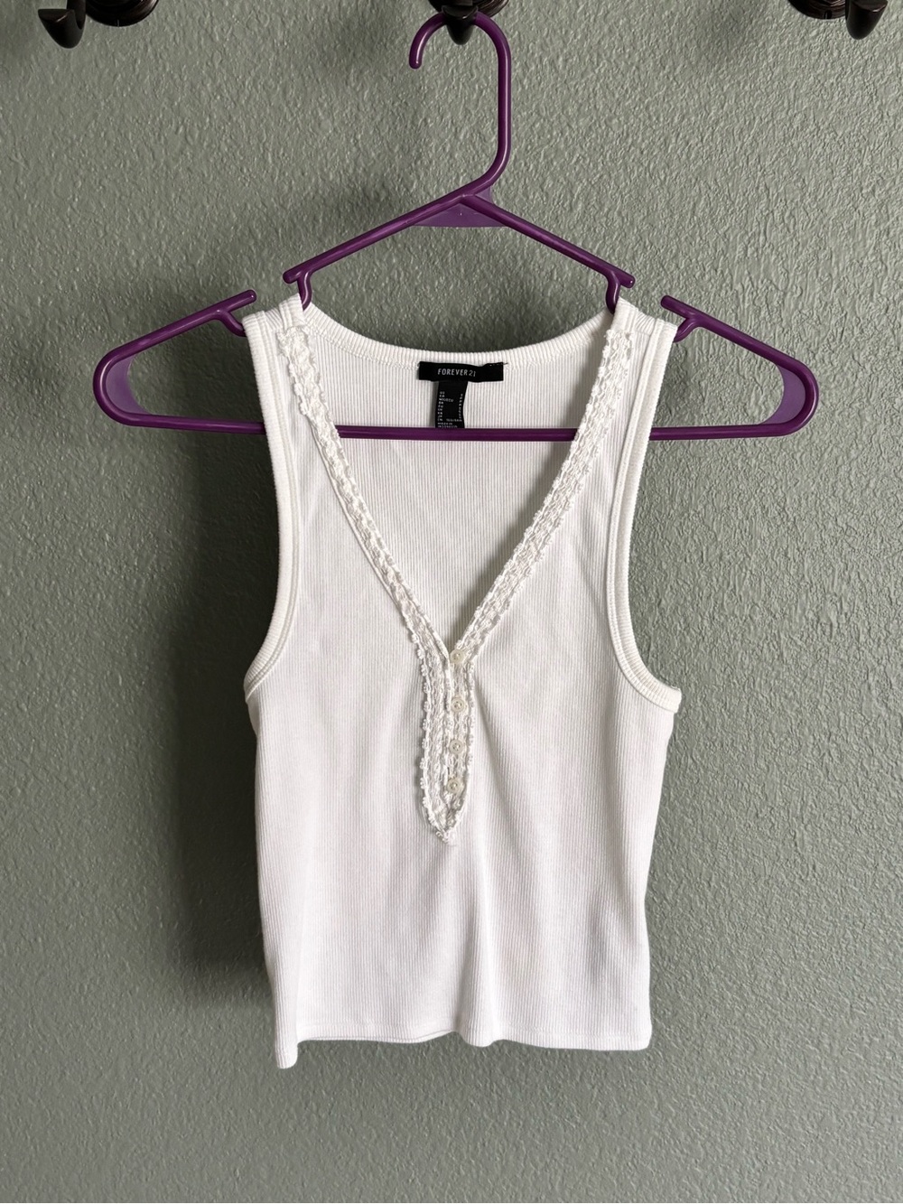 Forever 21 White Ribbed Lace-Trim Tank